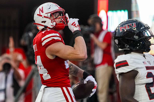 Nebraska Cornhuskers tight end Thomas Fidone II (24) reacts after scoring a touchdown against the Northern Illinois Huskies.