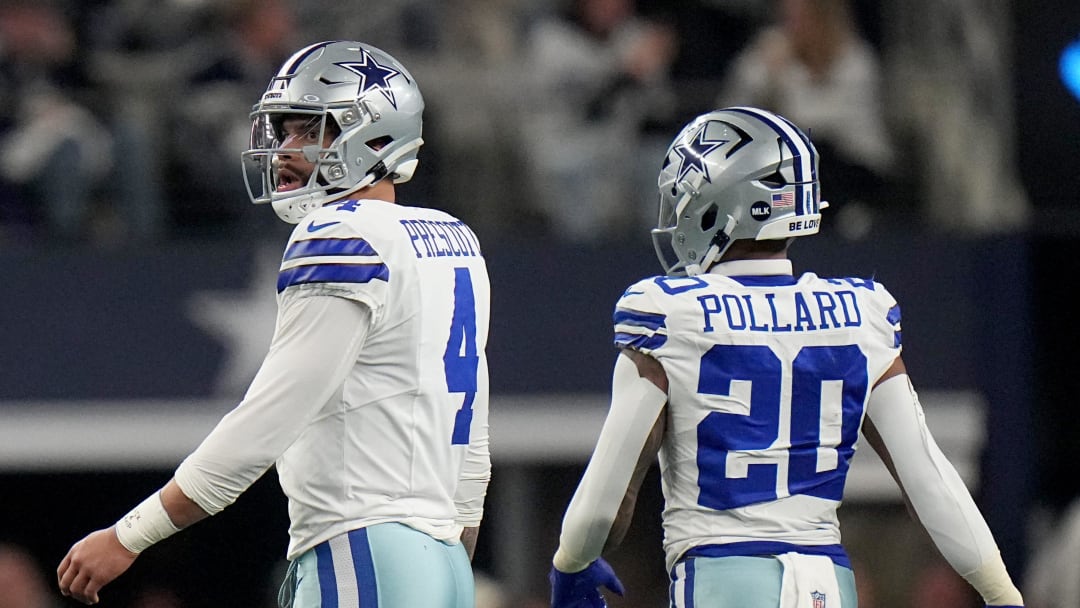 Dallas Cowboys quarterback Dak Prescott (4) walks off the field after throwing an interception returned for a touchdown by Green Bay Packers safety Darnell Savage during the second quarter of the wild card playoff game Sunday, January 14, 2024 at AT&T Stadium in Arlington, Texas.