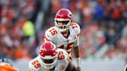 Nov 16, 2025; Denver, Colorado, USA; Kansas City Chiefs quarterback Patrick Mahomes (15) calls out from the line of scrimmage in the third quarter against the Denver Broncos at Empower Field at Mile High. Mandatory Credit: Ron Chenoy-Imagn Images