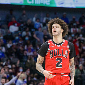 Jan 9, 2022; Dallas, Texas, USA; Chicago Bulls guard Lonzo Ball (2) celebrates after making a basket against the Dallas Mavericks during the second half at the American Airlines Center. Mandatory Credit: Jerome Miron-USA TODAY Sports