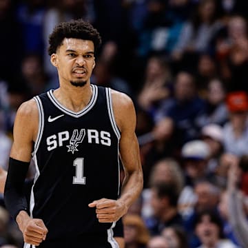 Jan 3, 2025; Denver, Colorado, USA; San Antonio Spurs center Victor Wembanyama (1) reacts after a play in the fourth quarter against the Denver Nuggets at Ball Arena. Mandatory Credit: Isaiah J. Downing-Imagn Images