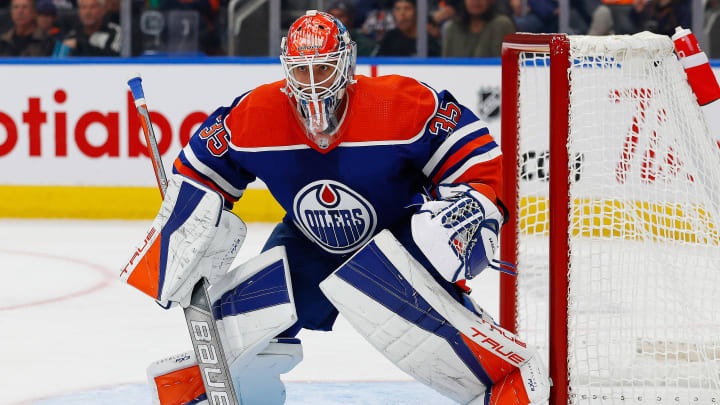 Sep 24, 2023; Edmonton, Alberta, CAN; Edmonton Oilers goaltender Olivier Rodrigue (35) follows the play against the Winnipeg Jets at Rogers Place. Mandatory Credit: Perry Nelson-USA TODAY Sports