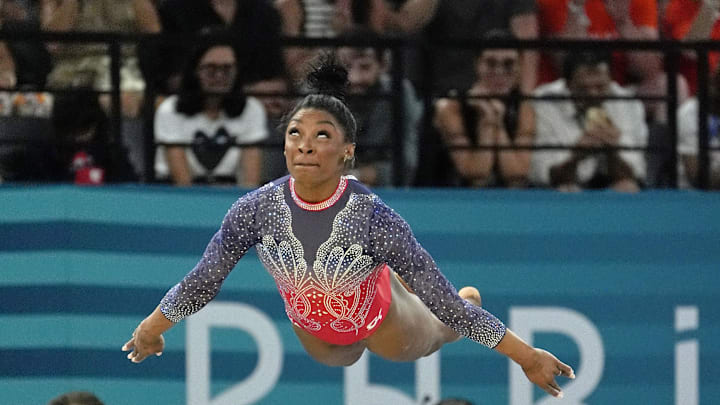 Simone Biles of the United States competes on the floor exercise at the Paris 2024 Olympic Summer Games.