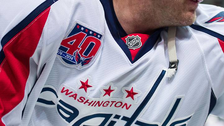 Jan 17, 2015; Dallas, TX, USA; A view of the 40th anniversary patch and logo on the Washington Capitals jersey before the game between the Dallas Stars and the Capitals at the American Airlines Center. The Stars defeated the Capitals 5-4. Mandatory Credit: Jerome Miron-USA TODAY Sports