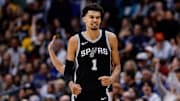 Jan 3, 2025; Denver, Colorado, USA; San Antonio Spurs center Victor Wembanyama (1) reacts after a play in the fourth quarter against the Denver Nuggets at Ball Arena. Mandatory Credit: Isaiah J. Downing-Imagn Images