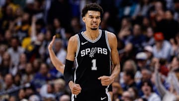 Jan 3, 2025; Denver, Colorado, USA; San Antonio Spurs center Victor Wembanyama (1) reacts after a play in the fourth quarter against the Denver Nuggets at Ball Arena. Mandatory Credit: Isaiah J. Downing-Imagn Images