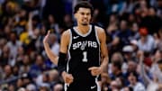 San Antonio Spurs center Victor Wembanyama reacts after a big fourth-quarter play against the Denver Nuggets on Jan. 3, 2025.