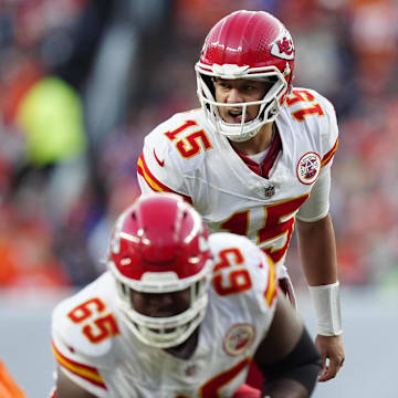 Nov 16, 2025; Denver, Colorado, USA; Kansas City Chiefs quarterback Patrick Mahomes (15) calls out from the line of scrimmage in the third quarter against the Denver Broncos at Empower Field at Mile High. Mandatory Credit: Ron Chenoy-Imagn Images