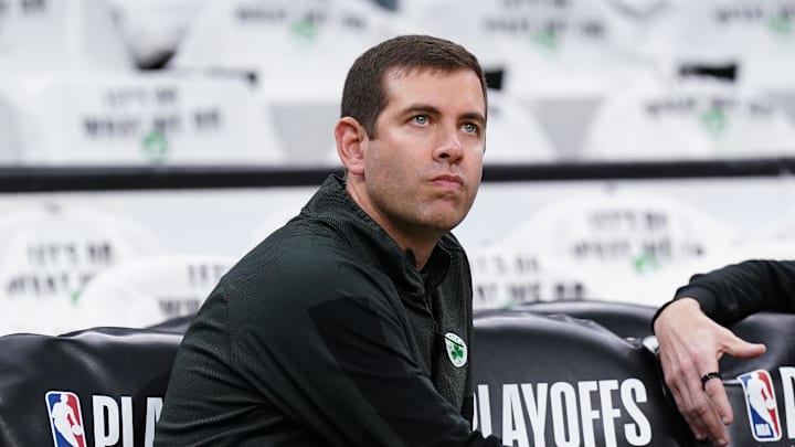 Apr 17, 2022; Boston, Massachusetts, USA; Boston Celtics President of Basketball Operations Brad Stevens
on the court sideline before the start of the first round against the Boston Celtics for the 2022 NBA playoffs at TD Garden. Mandatory Credit: David Butler II-Imagn Images
