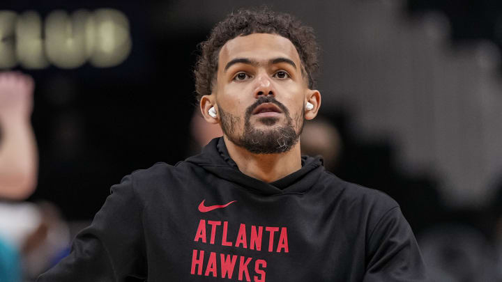 Apr 10, 2024; Atlanta, Georgia, USA; Atlanta Hawks guard Trae Young (11) shown while warming up on the court before the game Charlotte Hornets at State Farm Arena. Mandatory Credit: Dale Zanine-USA TODAY Sports