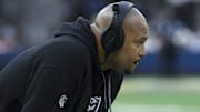 Oct 20, 2024; Inglewood, California, USA; Las Vegas Raiders head coach Antonio Pierce during an NFL game against the Los Angeles Rams  at SoFi Stadium. Mandatory Credit: Robert Hanashiro-Imagn Images