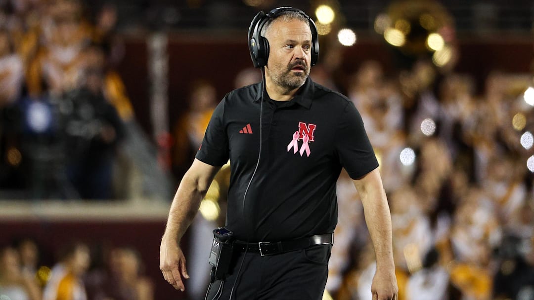Oct 17, 2025; Minneapolis, Minnesota, USA; Nebraska Cornhuskers head coach Matt Rhule looks on during the second half against the Minnesota Golden Gophers at Huntington Bank Stadium. Mandatory Credit: Matt Krohn-Imagn Images