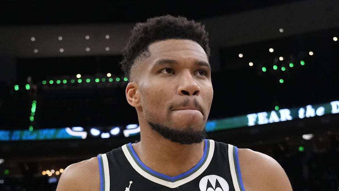 Jan 23, 2026; Milwaukee, Wisconsin, USA;  Milwaukee Bucks forward Giannis Antetokounmpo (34) walks from the court following the game against the Denver Nuggets at Fiserv Forum. Mandatory Credit: Jeff Hanisch-Imagn Images
