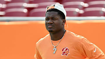 Tampa Bay Buccaneers running back Bucky Irving (7) prepares to warm up before the start of the game against the Atlanta Falcons