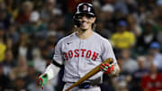 Sep 9, 2025; West Sacramento, California, USA; Boston Red Sox left fielder Jarren Duran (16) smiles after getting hit by a pitch during the ninth inning against the Athletics at Sutter Health Park. Mandatory Credit: Sergio Estrada-Imagn Images