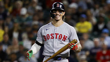 Sep 9, 2025; West Sacramento, California, USA; Boston Red Sox left fielder Jarren Duran (16) smiles after getting hit by a pitch during the ninth inning against the Athletics at Sutter Health Park. Mandatory Credit: Sergio Estrada-Imagn Images
