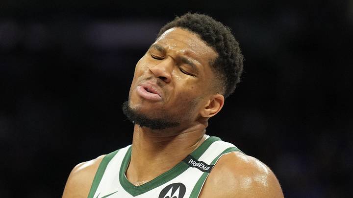 Mar 22, 2025; Sacramento, California, USA; Milwaukee Bucks forward Giannis Antetokounmpo (34) reacts during the third quarter against the Sacramento Kings at Golden 1 Center. Mandatory Credit: Darren Yamashita-Imagn Images