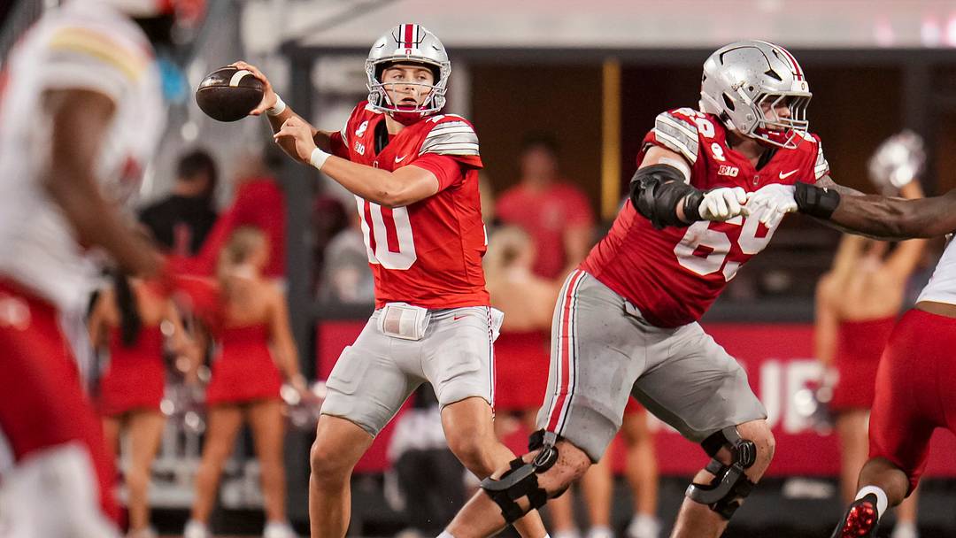 Ohio State Buckeyes quarterback Julian Sayin (10) throws during the NCAA football game against the Maryland Terrapins at Ohio Stadium in Columbus on Oct. 10, 2026. Ohio State Buckeyes quarterback Julian Sayin (10) throws during the NCAA football game against the Maryland Terrapins at Ohio Stadium in Columbus on Oct. 10, 2026.
