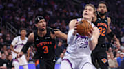 Dec 5, 2025; New York, New York, USA;  Utah Jazz forward Lauri Markkanen (23) looks to post up against New York Knicks guard Josh Hart (3) in the first quarter at Madison Square Garden. Mandatory Credit: Wendell Cruz-Imagn Images