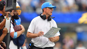 Oct 27, 2024; Inglewood, California, USA; Los Angeles Chargers head coach Jim Harbaugh watches game action against the New Orleans Saints during the second half at SoFi Stadium.