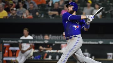 Toronto Blue Jays third baseman Russell Martin (55) double during the fifth inning against the Baltimore Orioles at Oriole Park at Camden Yards in 2018.