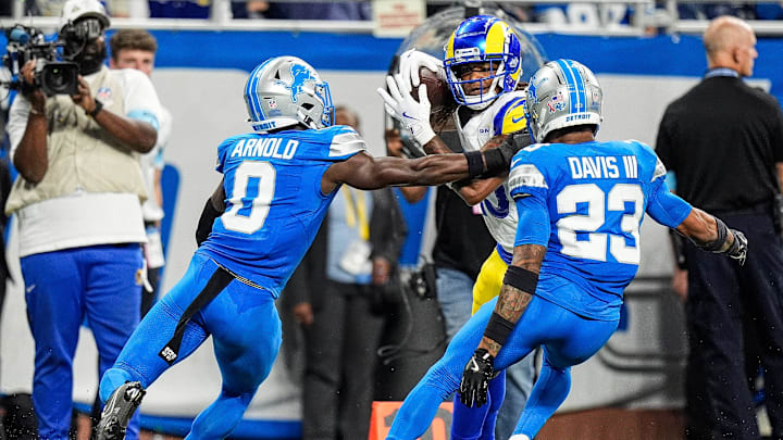 Detroit Lions cornerback Terrion Arnold (0) and cornerback Carlton Davis III (23).