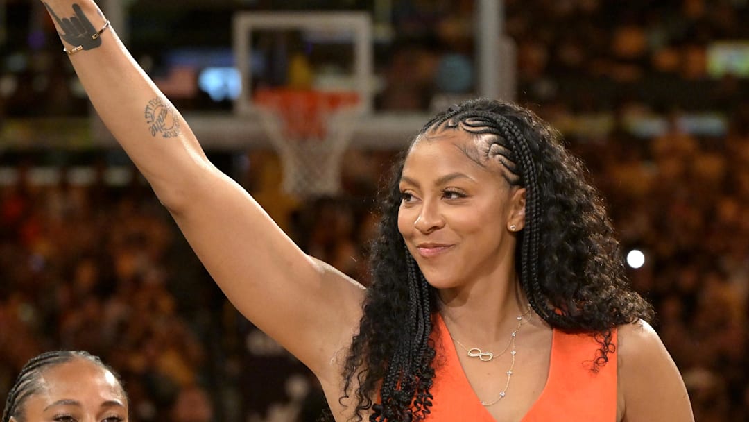 Jun 29, 2025; Los Angeles, California, USA; Former Los Angeles Sparks Candace Parker acknowledges the crowd during a  jersey retirement ceremony at halftime at Crypto.com Arena. Mandatory Credit: Jayne Kamin-Oncea-Imagn Images