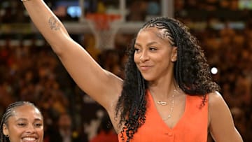 Jun 29, 2025; Los Angeles, California, USA; Former Los Angeles Sparks Candace Parker acknowledges the crowd during a  jersey retirement ceremony at halftime at Crypto.com Arena. Mandatory Credit: Jayne Kamin-Oncea-Imagn Images