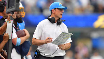 Oct 27, 2024; Inglewood, California, USA; Los Angeles Chargers head coach Jim Harbaugh watches game action against the New Orleans Saints during the second half at SoFi Stadium. Mandatory Credit: Gary A. Vasquez-Imagn Images