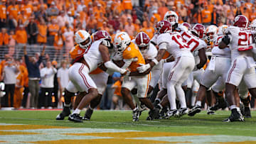 Oct 19, 2024; Knoxville, Tennessee, USA; Tennessee Volunteers running back Dylan Sampson (6) runs for a touchdown against the Alabama Crimson Tide during the second half at Neyland Stadium. Mandatory Credit: Randy Sartin-Imagn Images