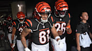 Aug 7, 2025; Philadelphia, Pennsylvania, USA; Cincinnati Bengals wide receiver Jermaine Burton (81) and safety Tycen Anderson (26) in the tunnel against the Philadelphia Eagles at Lincoln Financial Field. Mandatory Credit: Eric Hartline-Imagn Images