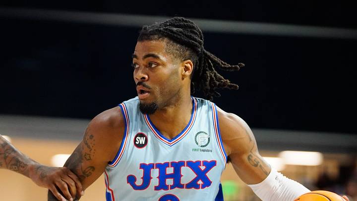 JHX Hoops guard Frank Mason III (0) controls the ball against Purple Reign during the first round of The Basketball Tournament inside Lee Arena on July 22, 2026.