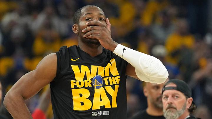 Apr 26, 2025; San Francisco, California, USA; Golden State Warriors forward Jonathan Kuminga (00) before game three of first round for the 2024 NBA Playoffs against the Houston Rockets at Chase Center. Mandatory Credit: Darren Yamashita-Imagn Images