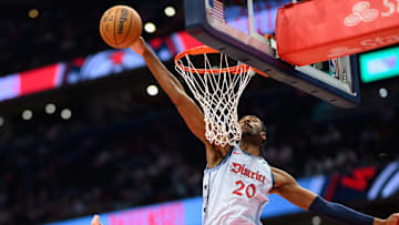 Mar 31, 2025; Washington, District of Columbia, USA; Washington Wizards forward Alex Sarr (20) blocks a shot during the first quarter against the Miami Heat at Capital One Arena. Mandatory Credit: Reggie Hildred-Imagn Images