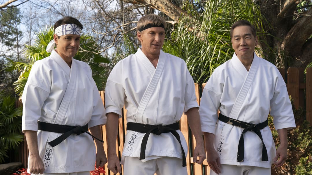 Cobra Kai. (L to R) Ralph Macchio as Daniel LaRusso, William Zabka as Johnny Lawrence, Yuji Okumoto as Chozen in Cobra Kai. Cr. Curtis Bonds Baker/Netflix © 2024