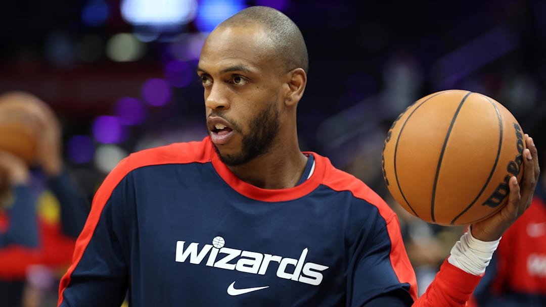 Mar 27, 2025; Washington, District of Columbia, USA; Washington Wizards forward Khris Middleton (32) warms up before a game against the Indiana Pacers at Capital One Arena. Mandatory Credit: Daniel Kucin Jr.-Imagn Images
