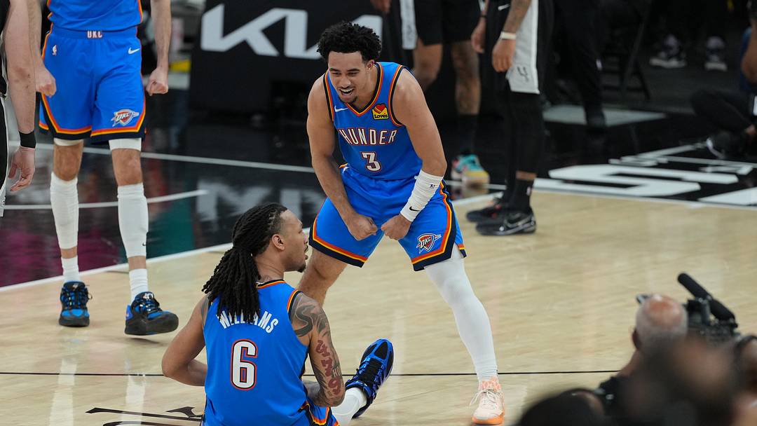 May 22, 2026; San Antonio, Texas, USA; Oklahoma City Thunder guard Jared McCain (3) reacts with forward Jaylin Williams (6) in the second half during game three of the western conference finals for the 2026 NBA playoffs at Frost Bank Center. Mandatory Credit: Daniel Dunn-Imagn Images