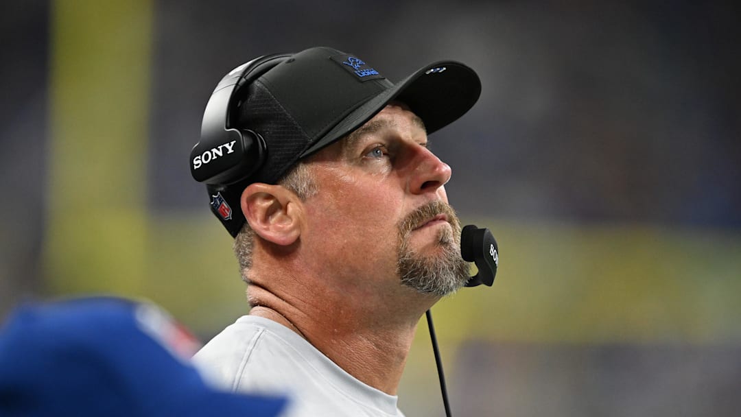 Aug 16, 2025; Detroit, Michigan, USA;  Detroit Lions head coach Dan Campbell on the sidelines during the Lions game against the Miami Dolphins in the first quarter at Ford Field. Mandatory Credit: Lon Horwedel-Imagn Images