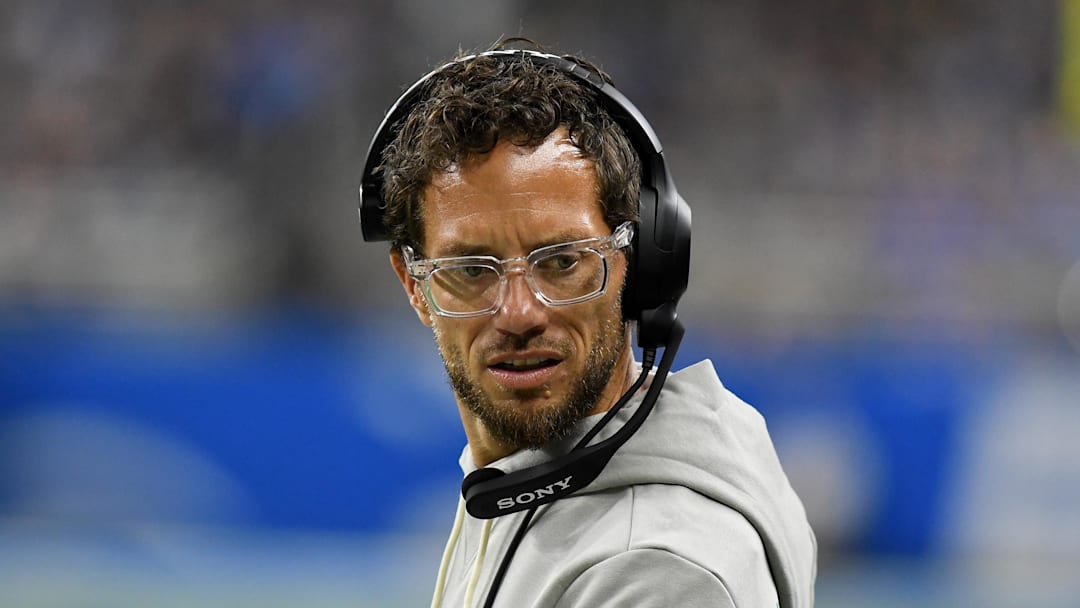 Aug 16, 2025; Detroit, Michigan, USA; Miami Dolphins head coach Mike McDaniels looks on from the sidelines in their game against the Detroit Lions in the first quarter at Ford Field. Mandatory Credit: Eamon Horwedel-Imagn Images