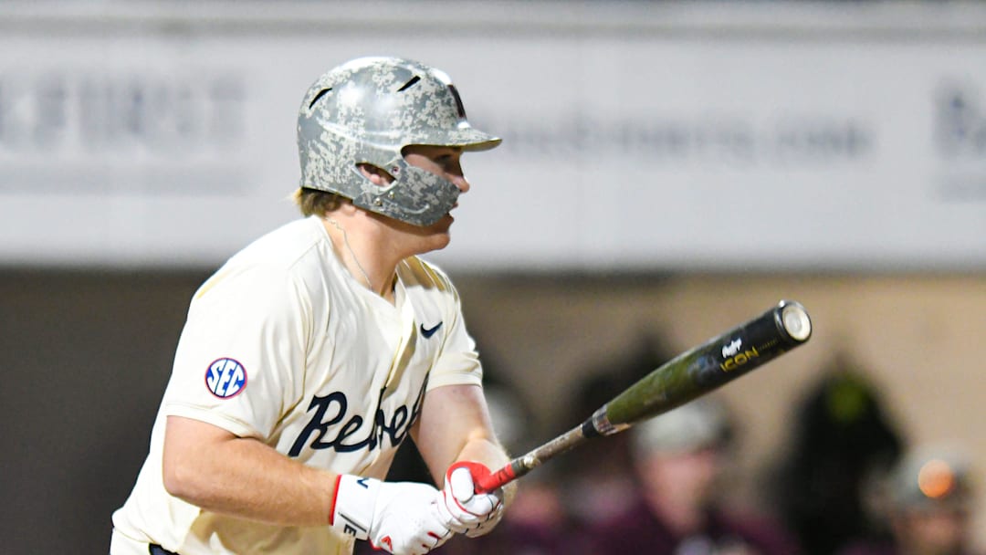 Ole Miss designated hitter Will Furniss (35) gets a single against Mississippi State at Swayze Field in Oxford, Miss., on Friday, Apr. 12, 2024.