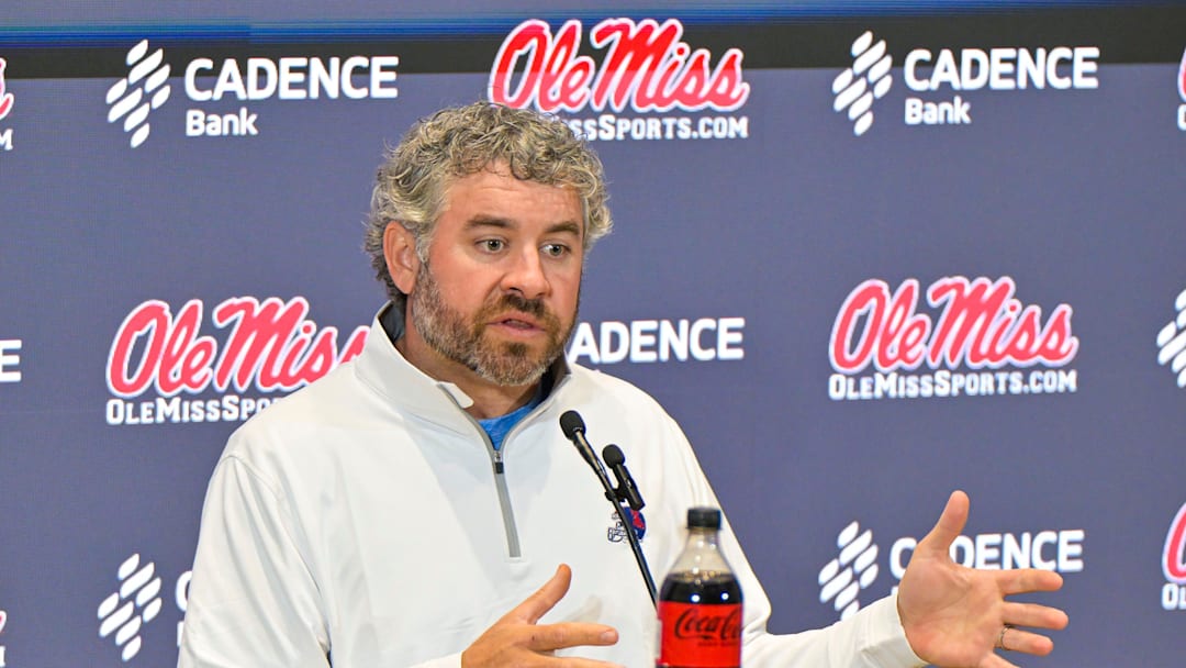 Ole Miss head football coach Pete Golding speaks at a press conference at the Manning Center at the University of Mississippi in Oxford, Miss. on Thursday, December 11, 2025.