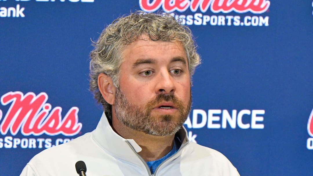 Ole Miss head football coach Pete Golding speaks at a press conference at the Manning Center at the University of Mississippi in Oxford, Miss. on Thursday, December 11, 2025.