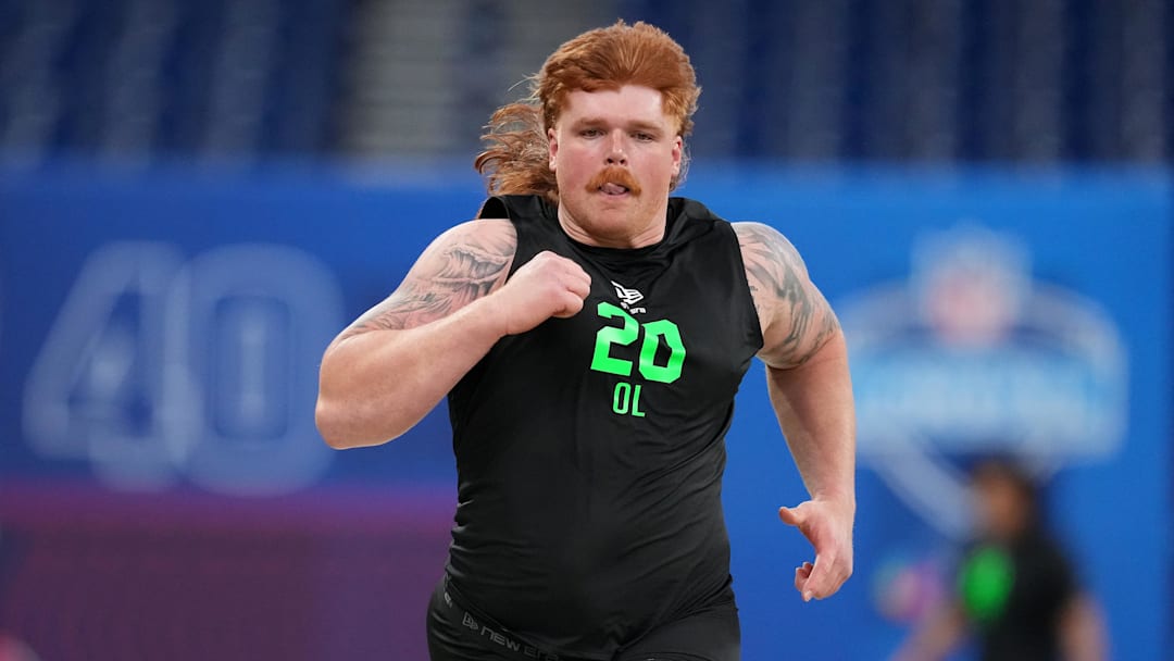 Mar 1, 2026; Indianapolis, IN, USA;  Iowa offensive lineman Gennings Dunker (OL20) during the NFL Scouting Combine at Lucas Oil Stadium. Mandatory Credit: Kirby Lee-Imagn Images