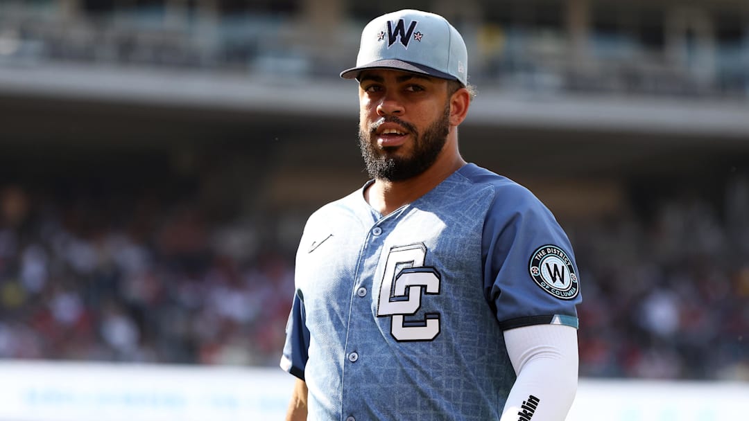 Jul 5, 2025; Washington, District of Columbia, USA; Washington Nationals second baseman Luis Garcia Jr. (2) looks on during the fifth inning against the Boston Red Sox at Nationals Park. Mandatory Credit: Daniel Kucin Jr.-Imagn Images