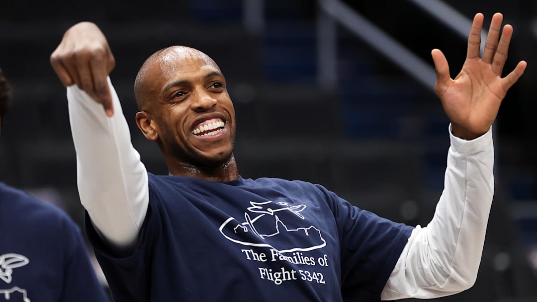 Jan 29, 2026; Washington, District of Columbia, USA; Washington Wizards forward Khris Middleton (22)celebrates before a game against the Milwaukee Bucks at Capital One Arena. Mandatory Credit: Daniel Kucin Jr.-Imagn Images