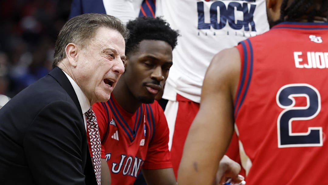 Mar 27, 2026; Washington, DC, USA; St. John's basketball head coach Rick Pitino reacts in the first half during a Sweet Sixteen game of the East Regional of the men's 2026 NCAA Tournament at Capital One Arena.