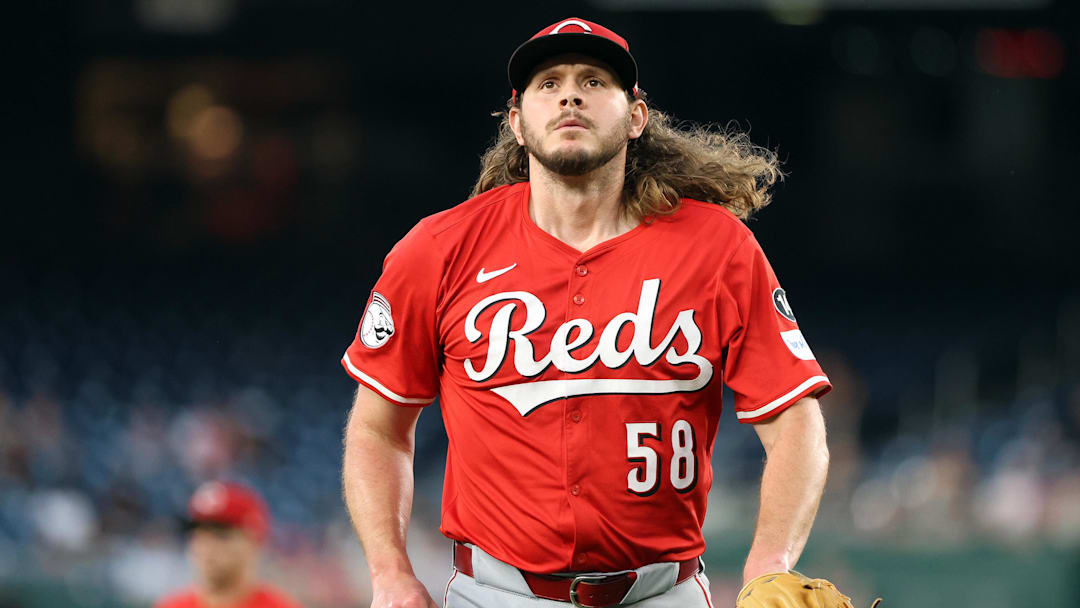 Jul 21, 2025; Washington, District of Columbia, USA; Cincinnati Reds pitcher Scott Barlow (58) looks on during the fourth inning against the Washington Nationals at Nationals Park. Mandatory Credit: Daniel Kucin Jr.-Imagn Images