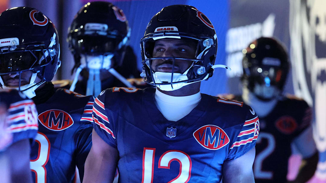 Dec 20, 2025; Chicago, Illinois, USA; Chicago Bears wide receiver Devin Duvernay (12) takes the field before the game against the Green Bay Packers at Soldier Field. Mandatory Credit: Mike Dinovo-Imagn Images