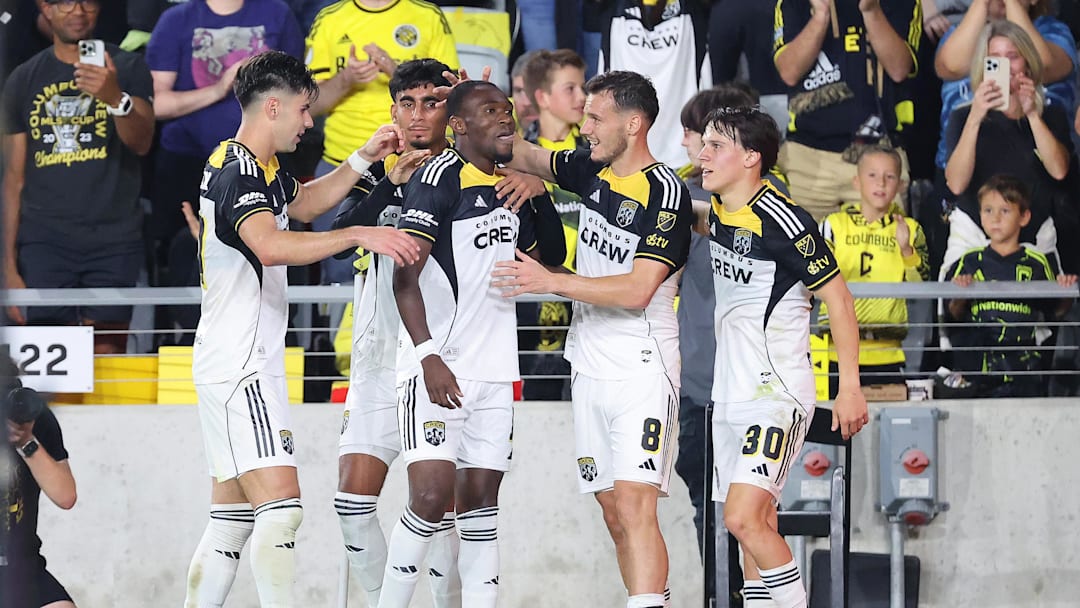 Oct 18, 2025; Columbus, Ohio, USA;  Columbus Crew forward Ibrahim Aliyu (11) celebrates his goal with teammates during the second half against the New York Red Bulls at Lower.com Field. 