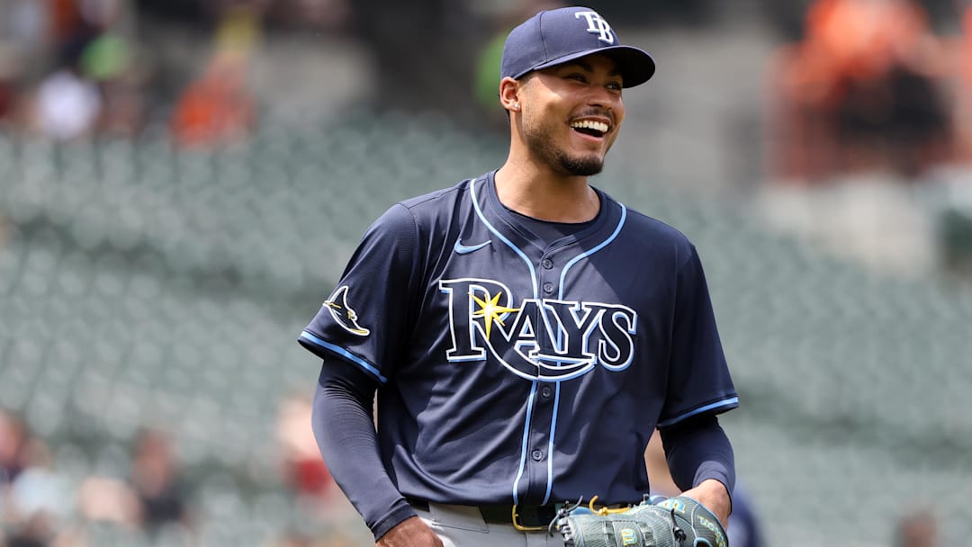 Jun 29, 2025; Baltimore, Maryland, USA; Tampa Bay Rays pitcher Taj Bradley (45) laughs during the fifth inning against the Baltimore Orioles at Oriole Park at Camden Yards. Mandatory Credit: Daniel Kucin Jr.-Imagn Images
